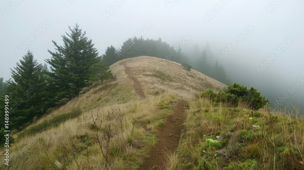 Fototapeta premium Misty mountain trail through golden grasses