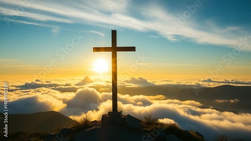 Christian cross in the glow of the sun mountain landscape above the clouds