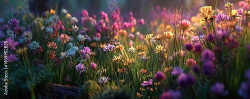 Blooming flowers in meadow with paradise feel and dreamy concept. Vibrant wildflowers in a serene forest setting during golden hour.