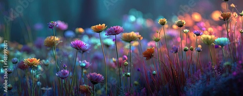 Blooming flowers in meadow with paradise feel and dreamy concept. Vibrant field of colorful flowers blooming in serene nature.