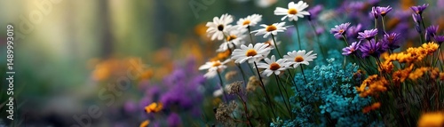 Blooming flowers in meadow with paradise feel and dreamy concept. A vibrant array of colorful flowers in a serene natural setting.