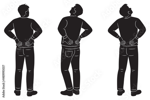 Silhouette of a man standing with both hands resting on his lower back