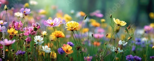 Blooming flowers in meadow across glowing vibrant paradise concept. Vibrant wildflowers blooming in a serene natural setting.