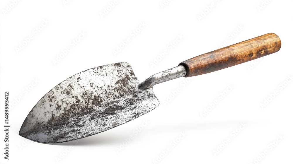 Weathered metal garden trowel with a dark wood handle, showing signs of extensive use and age, isolated on a white background Weathered metal garden trowel with a dark wood handle, showing signs of extensive use and age, isolated on a white background