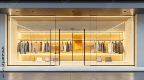 Modern clothing store display minimalist retail interior warm lighting glass storefront fashion apparel shopping showcase