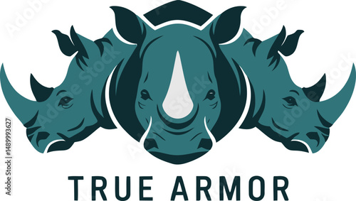 Logo design featuring three rhinoceroses with the brand name “TRUE ARMOR.” Suitable for strength-related products, security services, or bold branding.