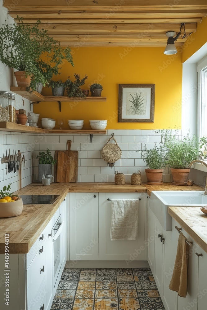 Fototapeta premium Bright Yellow and White Small Kitchen Interior Design with Wood Accents and Greenery