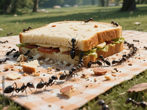 Under the Wide - angle Lens: Picnic Mat and Massive Sandwich Leftovers Attracting Ants.a group of ants devouring sandwich on a picnic mat photo