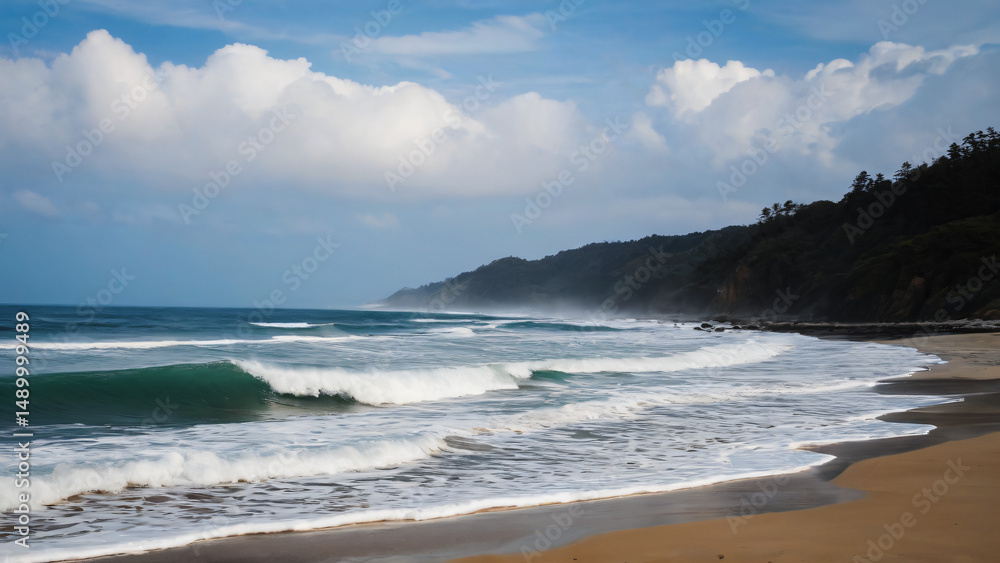 Scenic Ocean Landscape with Waves, Sandy Beach, and Forested Cliff. alm coastal view featuring ocean waves softly reaching the sandy shore under a cloudy sky. Scenic Ocean Landscape with Waves, Sandy Beach, and Forested Cliff. alm coastal view featuring ocean waves softly reaching the sandy shore under a cloudy sky.