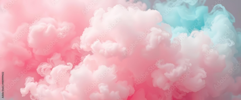 Fototapeta premium Soft pastel pink and turquoise smoke clouds billow and dissipate, creating a gentle explosion, image, macro