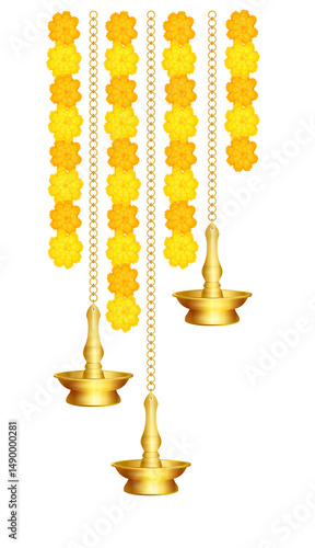 Hanging Diwali Oil Lamps and Marigold Flower Garland Decoration – Festive Decoration PNG Image
