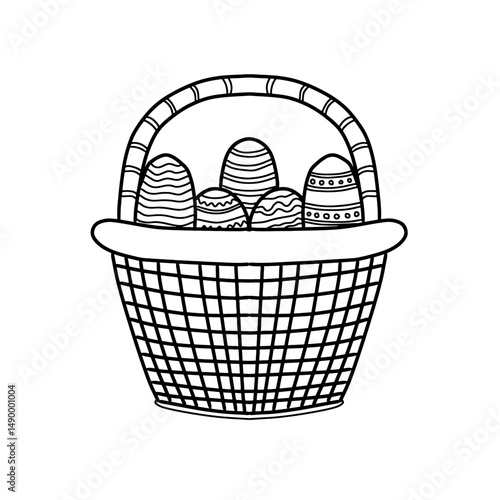 Hand drawn easter basket with eggs vector illustration. Coloring for children. Outline drawing. Sketch style easter egg basket graphic