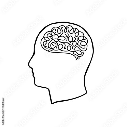 Head with confused think. People Mental health issue concept. Hand drawn brain in head vector Illustration. Sketch Style