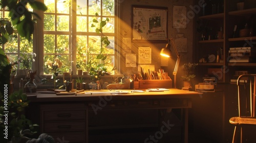 16. Crafting table with materials, lit by a flexible warm lamp and window light