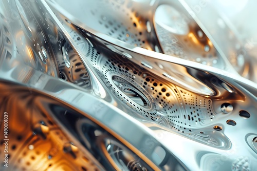 Abstract Metal Surfaces: 3D Rendered Designs with Intricate Perforations and Fluid Forms in Architectural Visualization, Showcasing Futuristic Designs and Innovative Metallic Textures for Modern Aesth