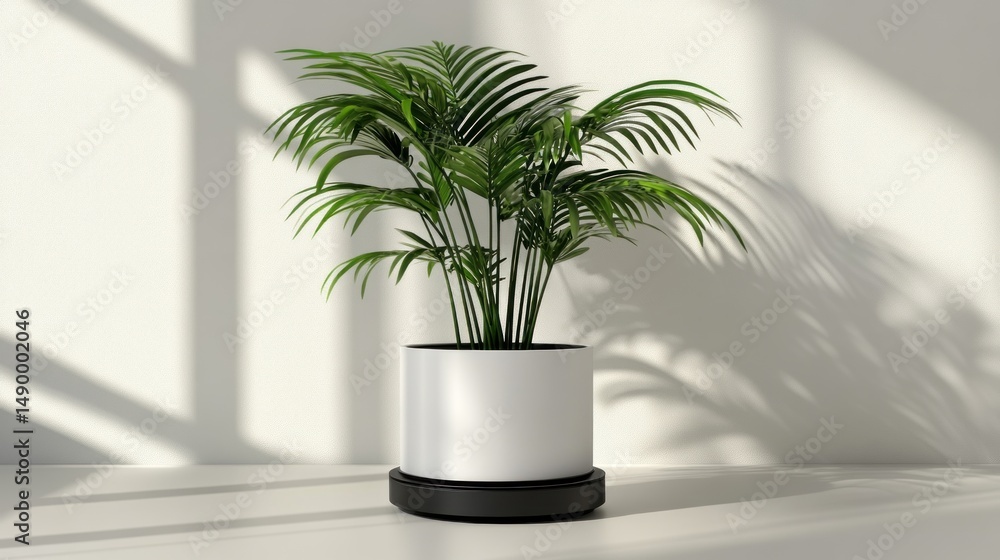 Fototapeta premium Green potted plant minimalist white background sunlight shadow indoor decoration