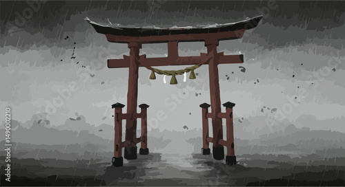 A traditional Japanese torii gate standing in solitude, surrounded by falling rain. Captured in expressive ink lines and atmospheric splashes for dramatic mood.