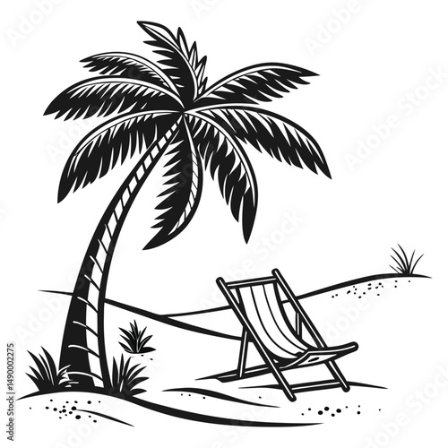 Black and white line art vector illustration of a beach chair or sun lounger resting under a palm tree on a tropical shore. Simple, clean design ideal for travel brochures, vacation icons,summer relax