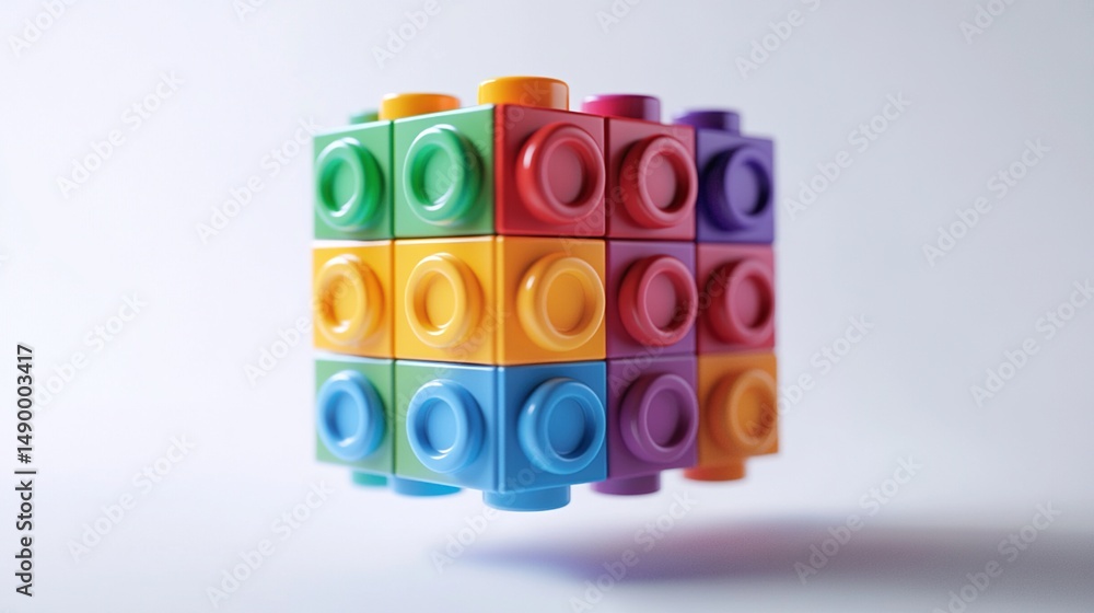 Fototapeta premium A vibrant, floating cube constructed from colorful interlocking plastic blocks, each face a solid hue, against a stark white backdrop. The blocks are 