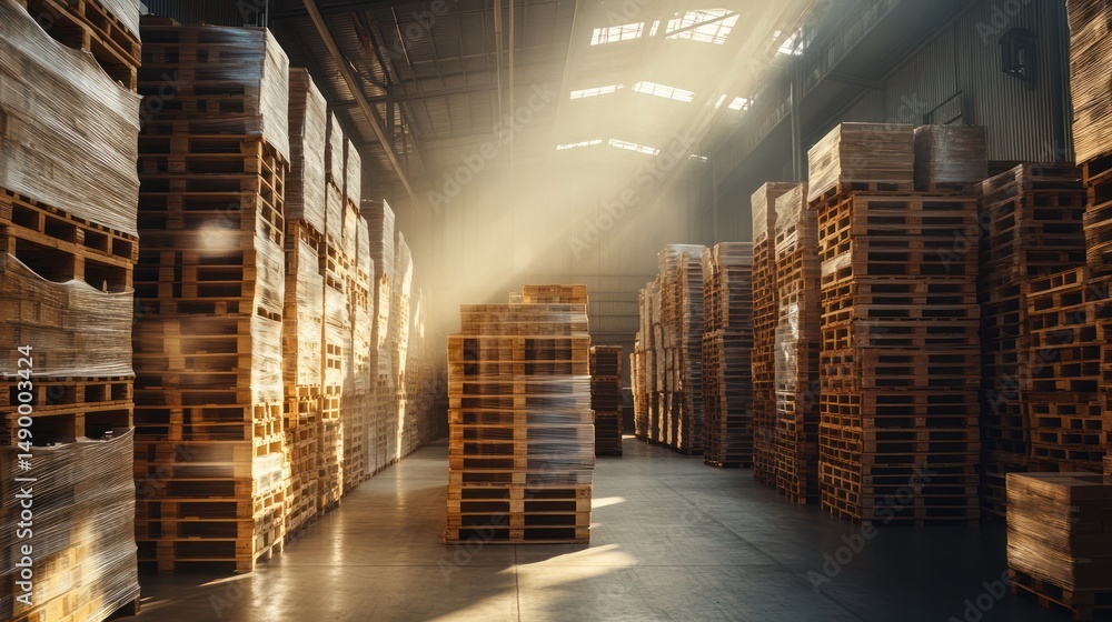 Warehouse pallets storage, sunlit aisle, logistics, industry Warehouse pallets storage, sunlit aisle, logistics, industry