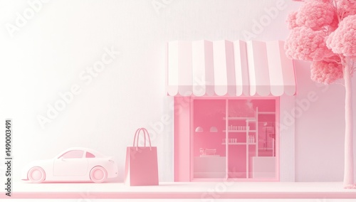 Pastel pink storefront with a shop awning, a small white car, and shopping bag