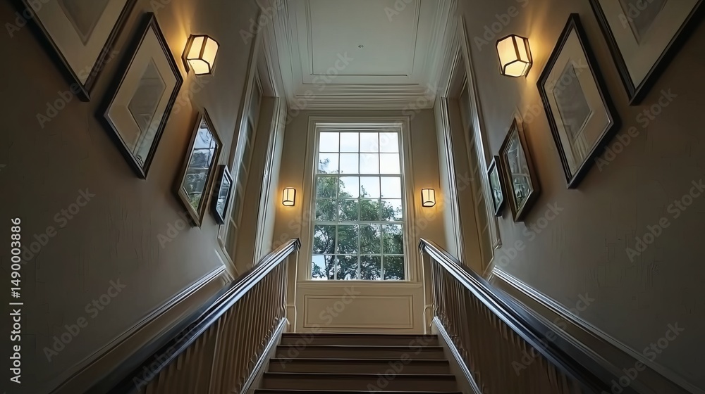 Fototapeta premium 38. Staircase landing with framed pictures, lit by warm wall lights and a nearby window