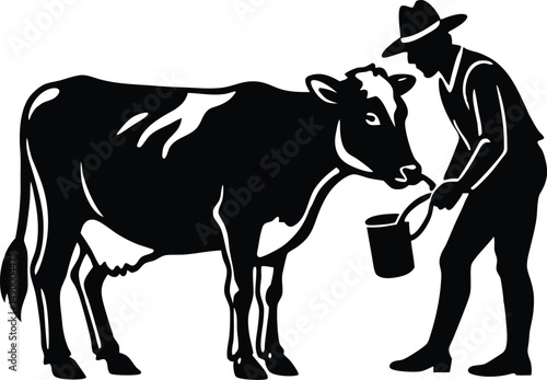 Farmer Milking Cow Scene Silhouette