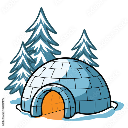 Snow igloo with frozen tree isolated vector illustration on white background