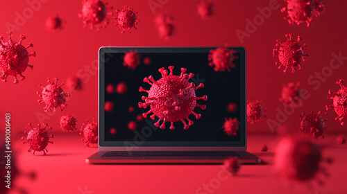 Virus bacteria on a computer screen. Laptop displaying virus imagery on a red background.