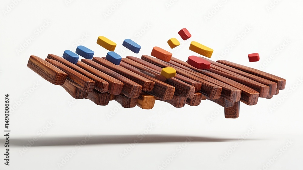 Naklejka premium A levitating arrangement of dark brown rectangular wooden blocks, interspersed with scattered small colorful oblong and cubic shapes in blue, red, yellow, 