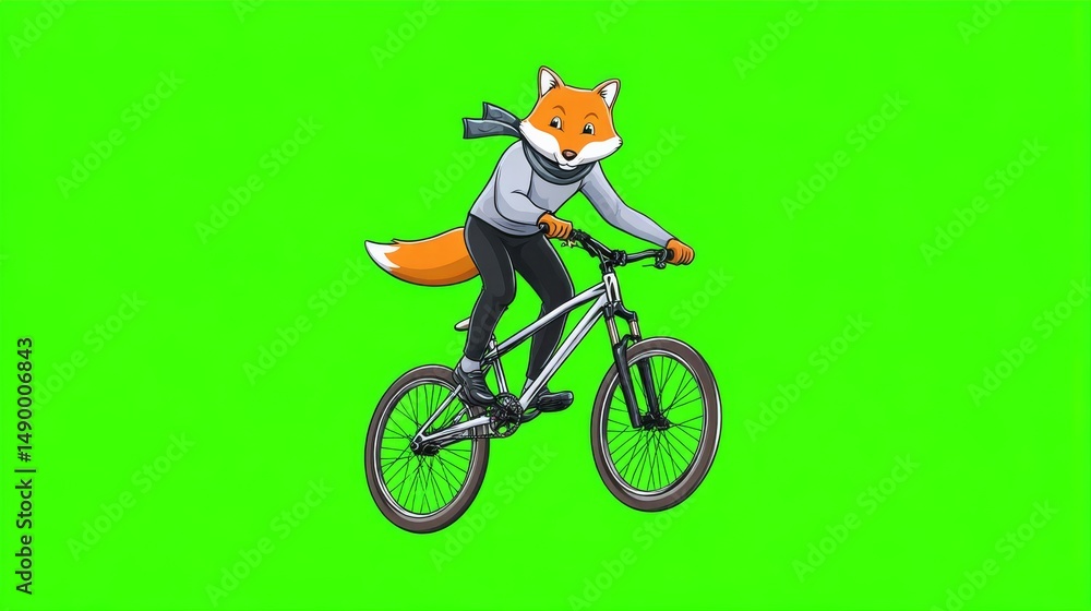 Fototapeta premium Cartoon Fox Performing Impressive BMX Jump with Energetic Action on Green Background