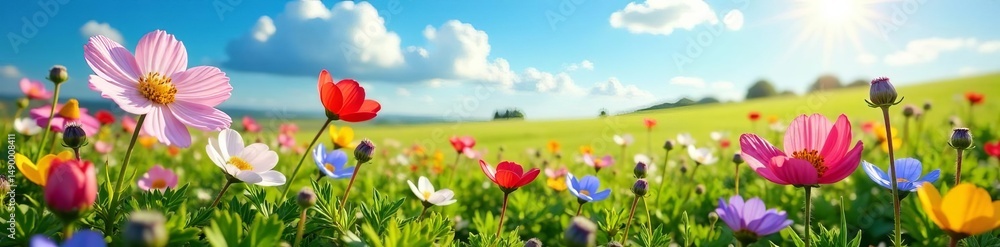 Serene landscape filled with colorful nemophila flowers on a sunny day, spring, colorful Serene landscape filled with colorful nemophila flowers on a sunny day, spring, colorful