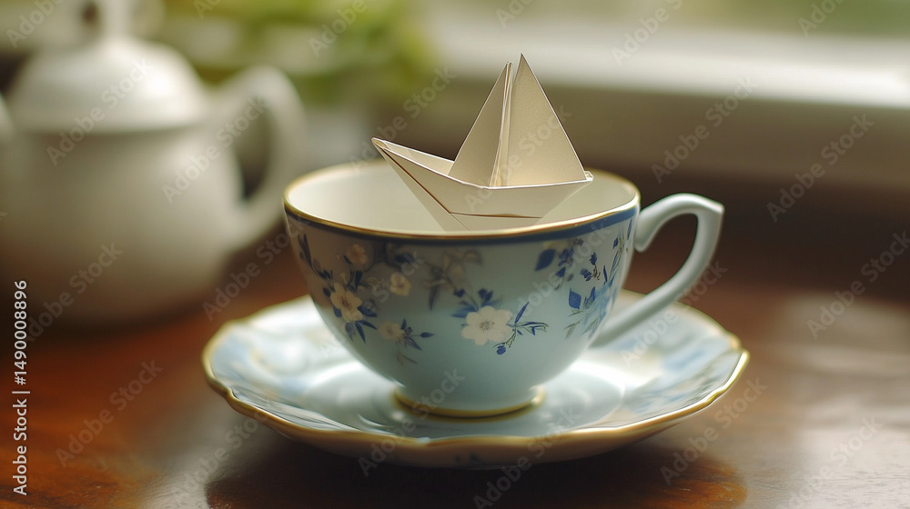 Fototapeta premium Tiny Paper Boat Sailing Inside Teacup for Whimsical Minimalist Scene, Creative Teacup Still Life Featuring Miniature Paper Boat Adventure
