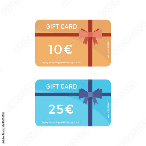 Vector illustration of two €10 and €25 gift cards decorated with ribbons and bows. The cards are in different colours - orange and blue - with the expiry date indicated