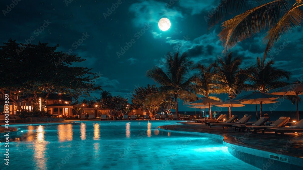 Fototapeta premium 108. Pool area lit by warm pool lights and moonlight