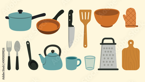 Kitchen Set Illustration Featuring Pot, Pan, Knife, Spatula, Bowl, Oven Mitt, Fork, Spoon, Ladle, Kettle, Mug, Glass, Grater, and Cutting Board