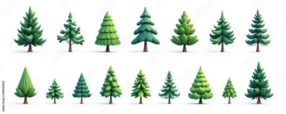 Obraz premium Set of pine tree icons in various styles and sizes on white background, tree, icon