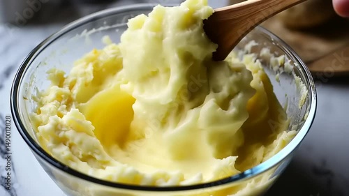 Creamy mashed potatoes being stirred with a wooden spoon in a clear bowl on a marble countertop