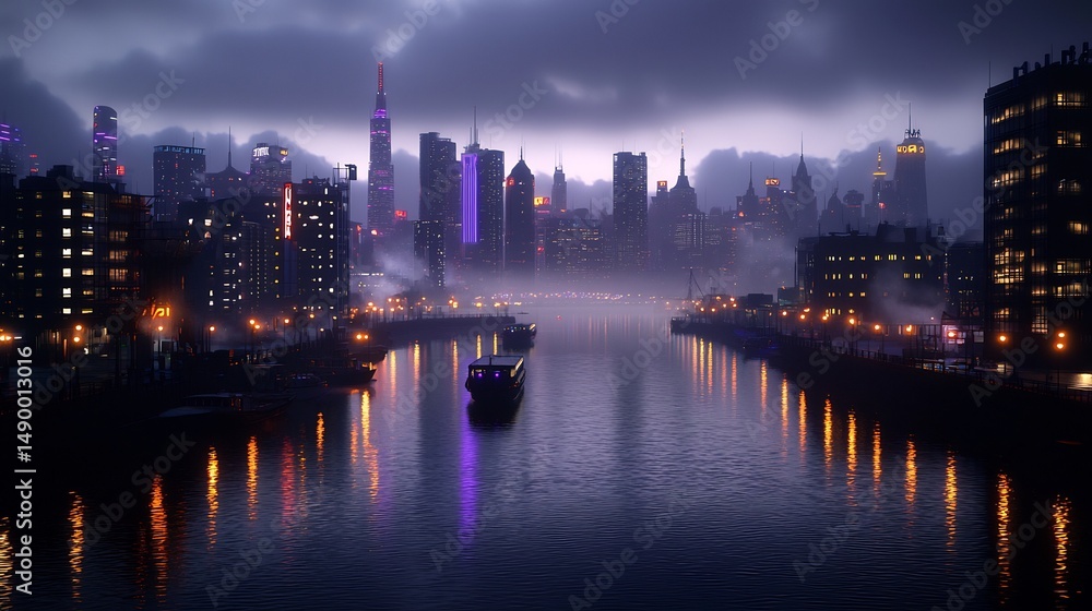 City skyline at night, reflected in a river, with fog and lighting City skyline at night, reflected in a river, with fog and lighting