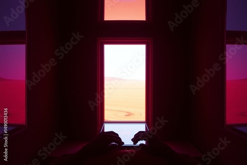 Desert view through window with person using tablet in dark room