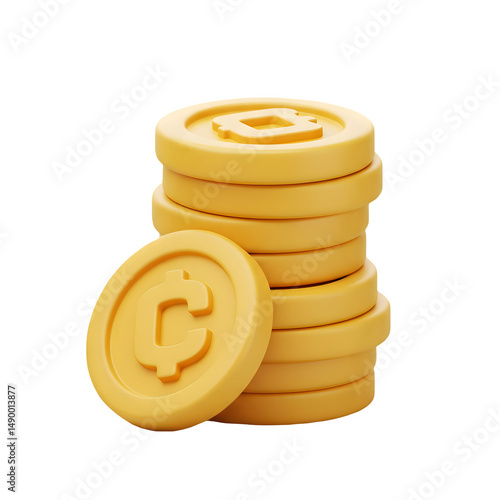 Stack of shiny gold coins with currency symbols.  Financial success concept. 3D icon, plastic illustration style on transparent or white background