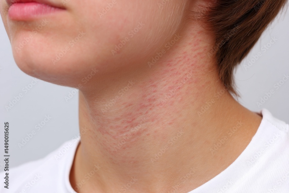 Obraz premium Close-up of a child's neck with red, bumpy rash, an allergic reaction or irritation.
