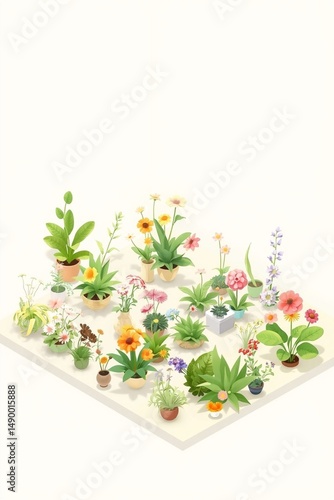 Colorful assorted potted plants and flowers arranged on a surface digital