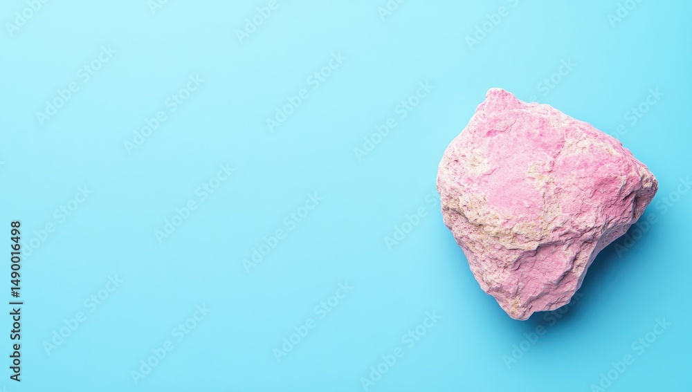 A single, pink rock on a vibrant light blue surface. The rock's texture is slightly rough, with variations in the pink hue A single, pink rock on a vibrant light blue surface. The rock's texture is slightly rough, with variations in the pink hue