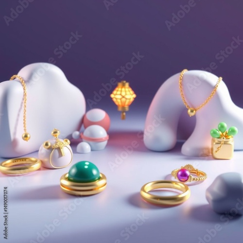 Abstract Jewelry Scene with Purple and Gold Rings Decorative Objects Chains