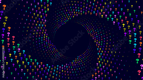 A dark blue background with a swirling vortex of colorful question marks radiating from a central dark blue  area. Abstract background.