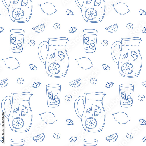 Refreshing lemonade pattern featuring pitchers and glasses with lemon slices and ice cubes
