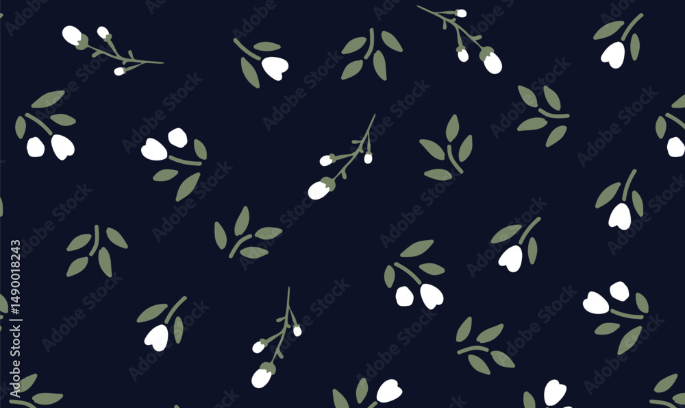 Seamless White Berry and Leaf Pattern on Dark Background Seamless White Berry and Leaf Pattern on Dark Background