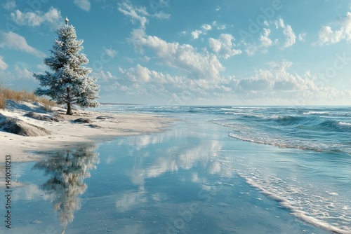 Wallpaper Mural Frosty tree reflects on calm beach at sunrise with gentle waves and fluffy clouds overhead Torontodigital.ca