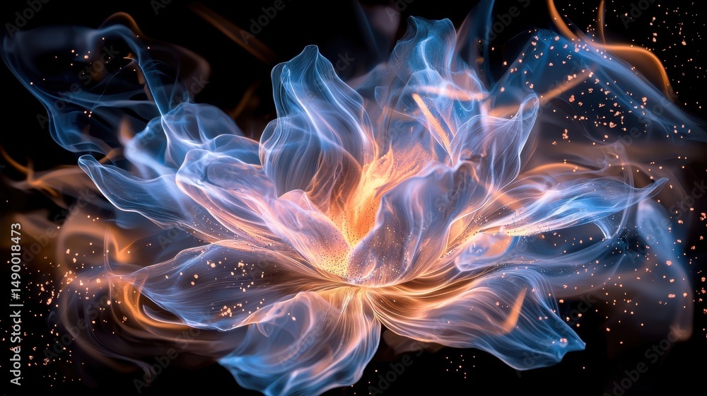 A luminous flower illuminates the dark background with soft hues of blue and orange, creating a mesmerizing visual effect reminiscent of fire and water blending together A luminous flower illuminates the dark background with soft hues of blue and orange, creating a mesmerizing visual effect reminiscent of fire and water blending together